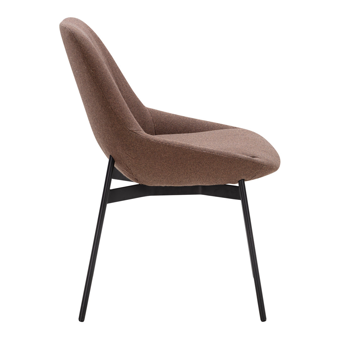 "Side view of a stylish brown upholstered chair with a sleek black metal frame and smooth, modern contours."