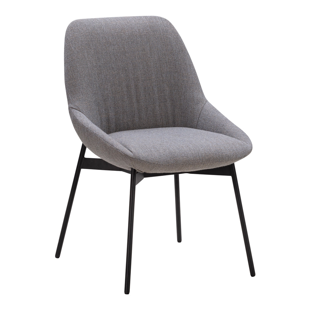 Gray upholstered chair with a sleek black metal frame and subtle vertical pattern. Perfect for modern interiors.