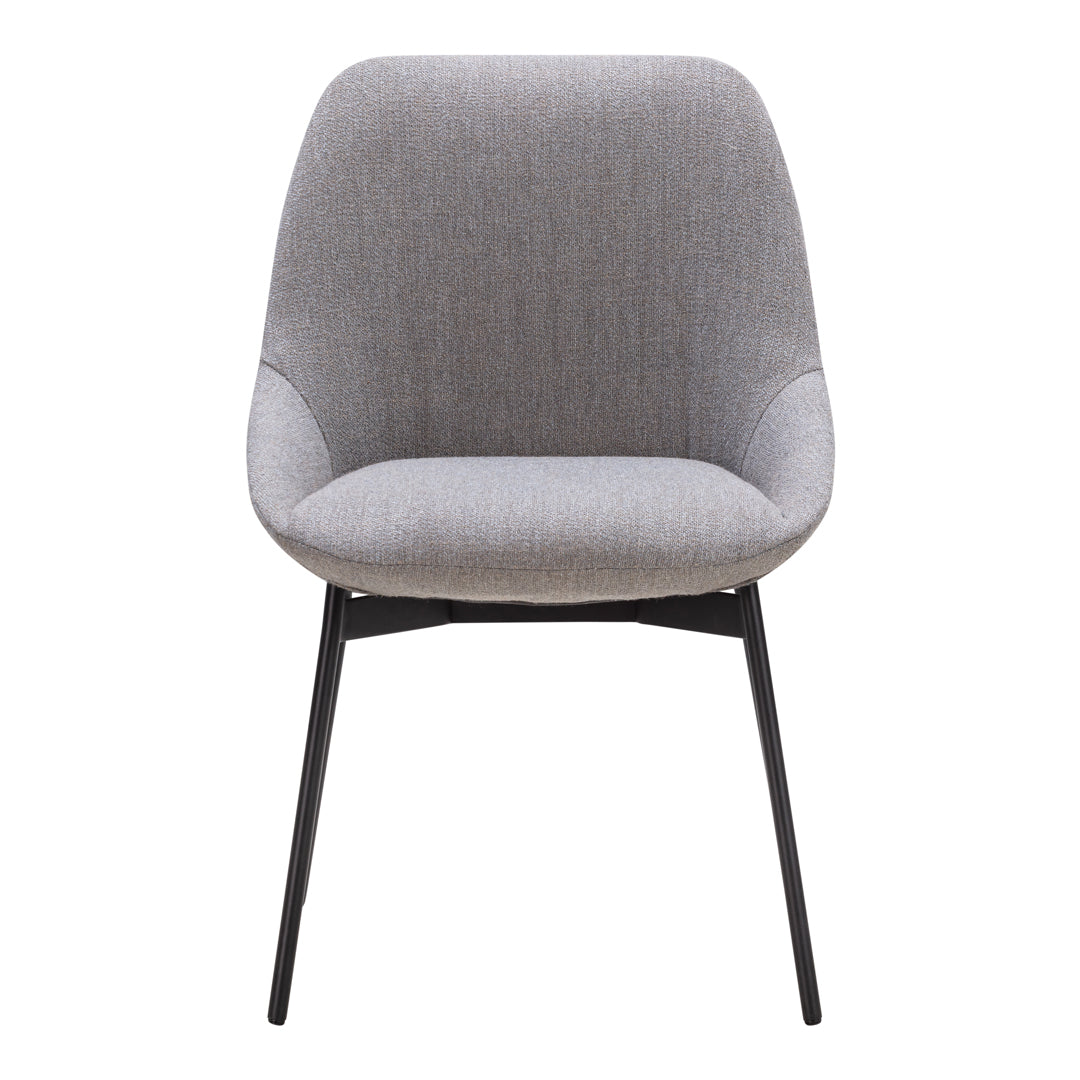 Stylish gray upholstered chair with smooth surface and sleek black legs, ideal for modern decor.