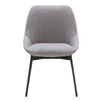 Stylish gray upholstered chair with smooth surface and sleek black legs, ideal for modern decor.