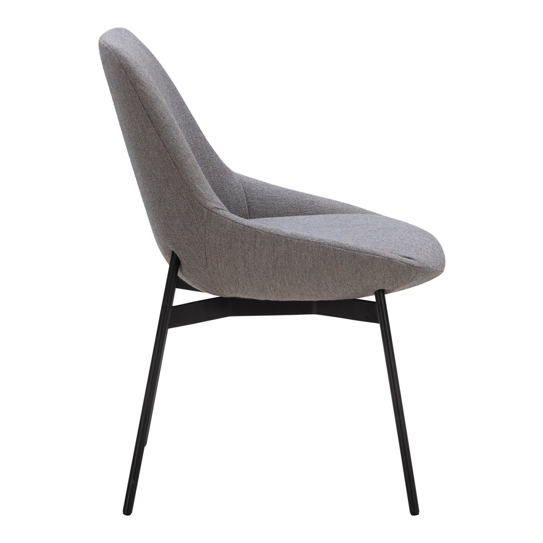 Gray upholstered chair with a smooth finish and sleek black metal legs. Modern design with subtle color contrast.
