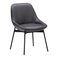Sleek black leather dining chair with a smooth finish and minimalist black metal legs. Ideal for modern interiors.