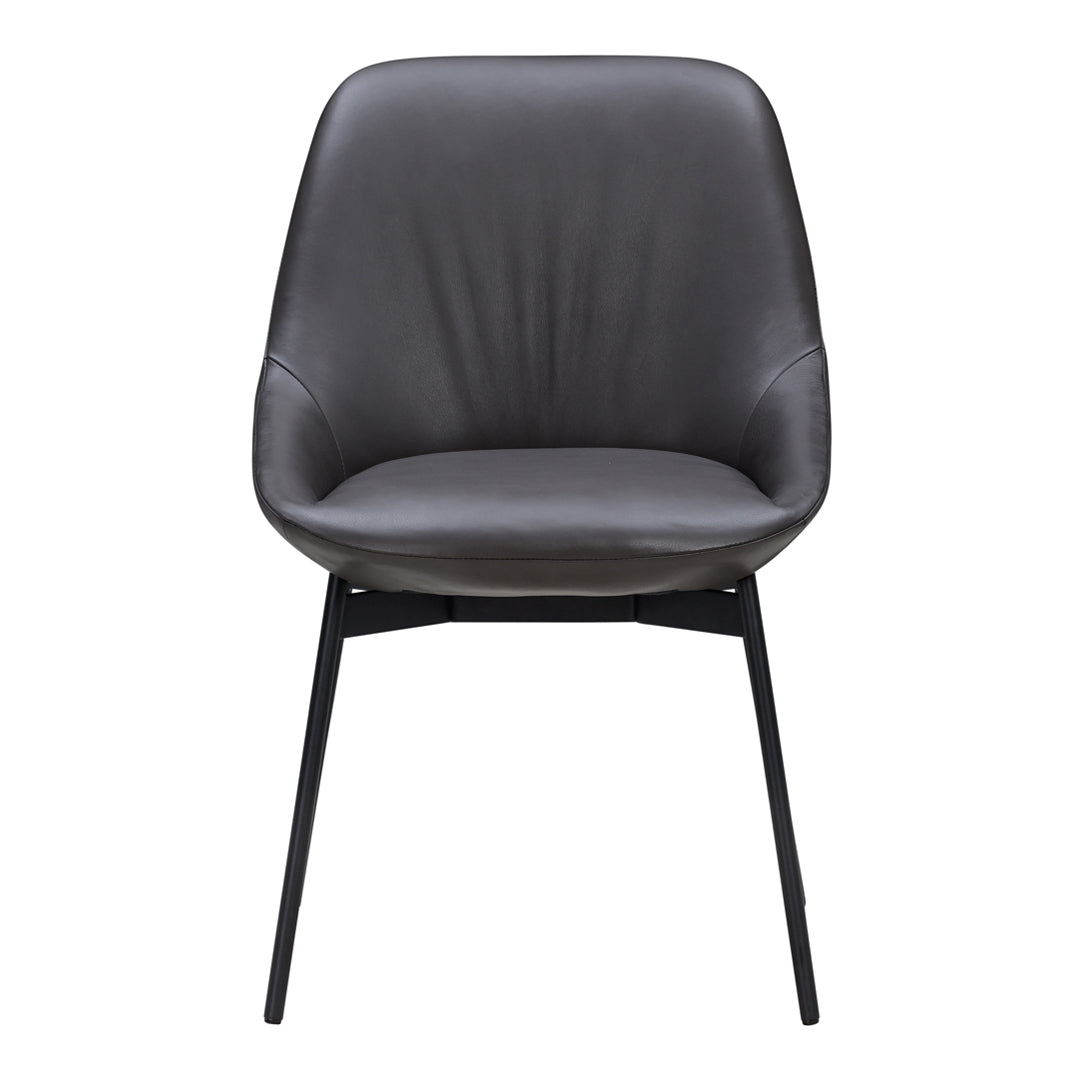 Sleek gray upholstered chair with a smooth texture and minimalist black metal legs, perfect for modern decor.