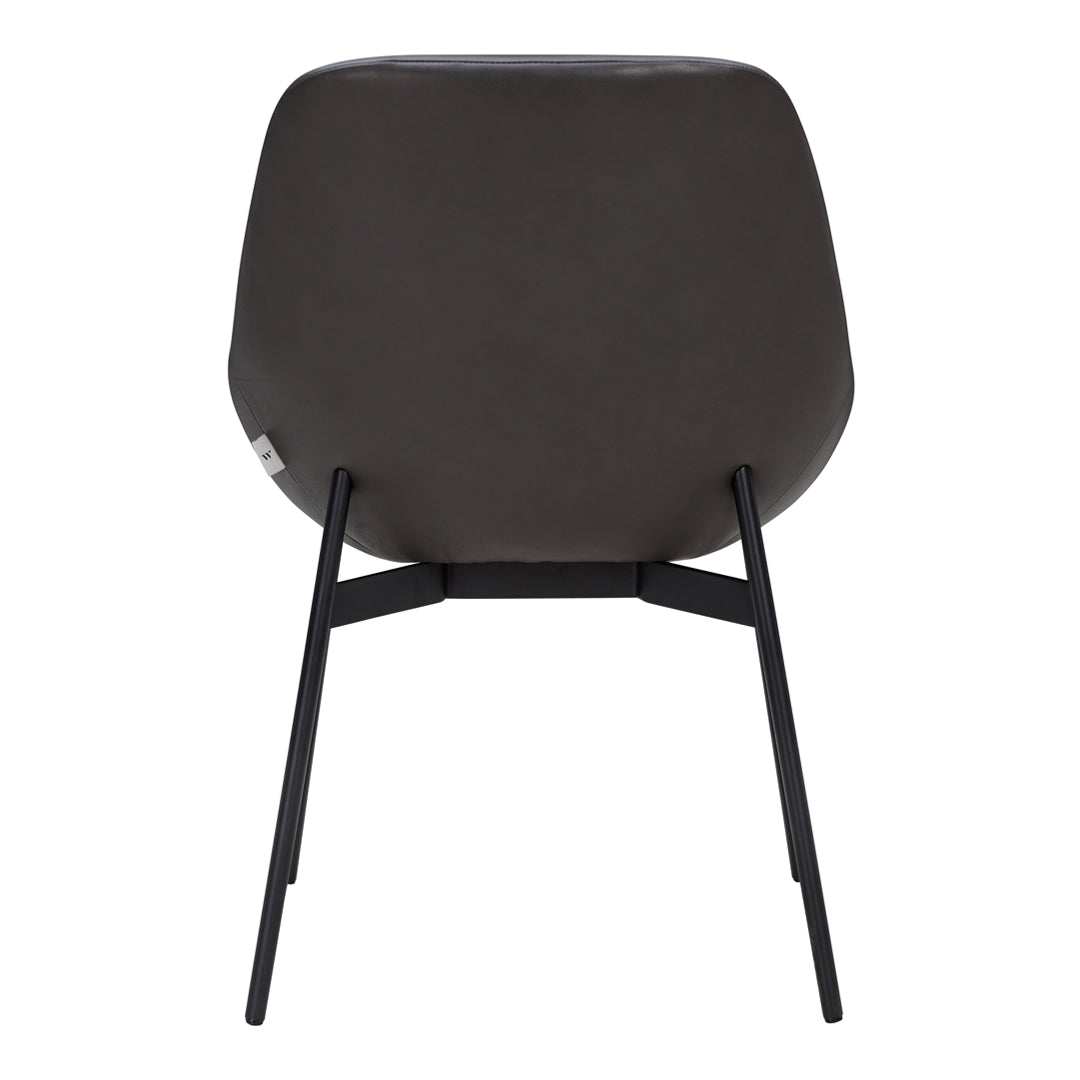 Rear view of a sleek, matte dark brown chair with black metal legs, featuring a minimalist design.