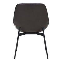 Rear view of a sleek, matte dark brown chair with black metal legs, featuring a minimalist design.