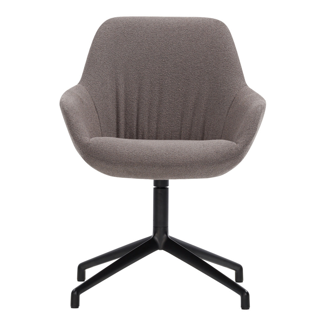 Gray upholstered chair with a textured pattern and sleek black metal base for a modern look.