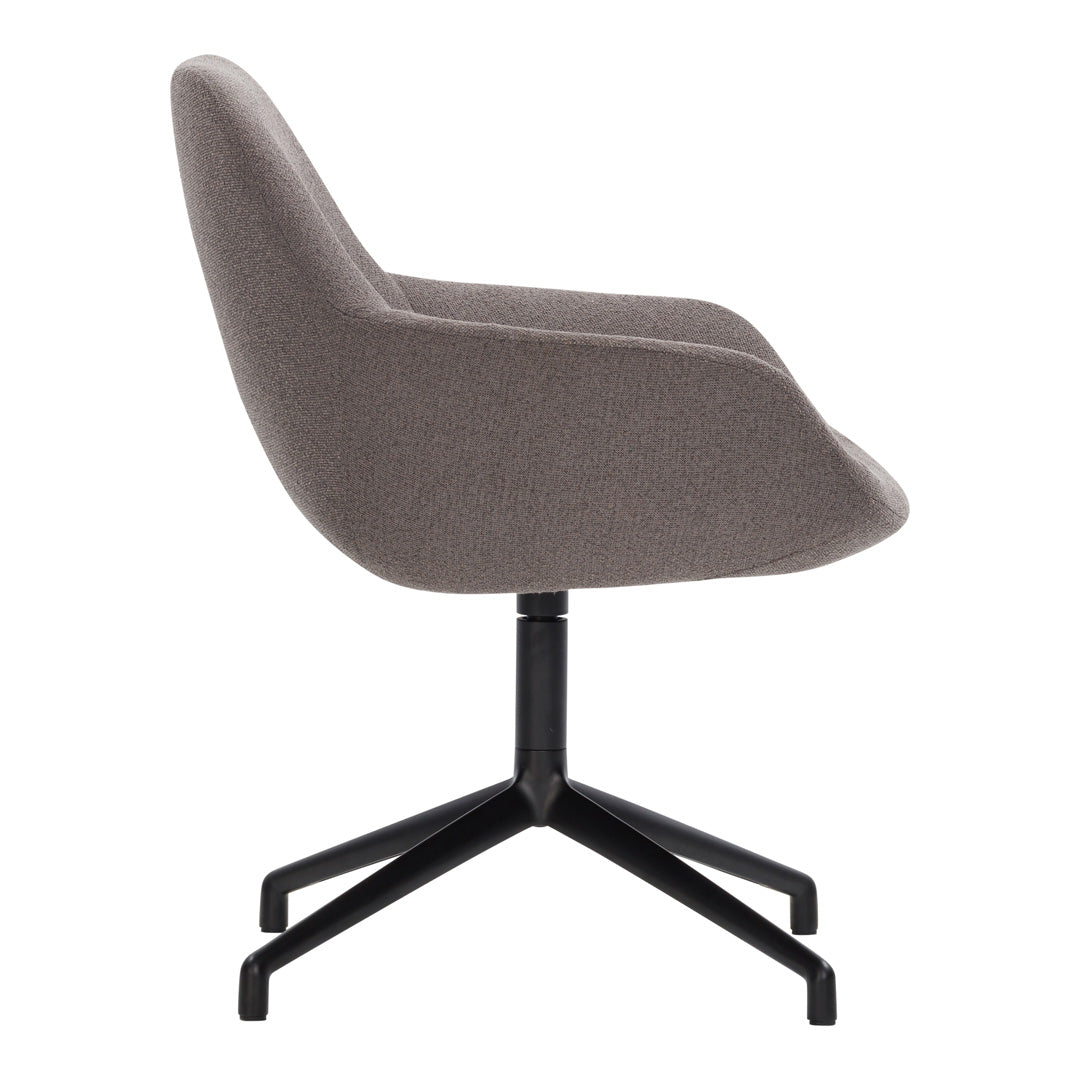 Gray upholstered chair with a sleek black metal base, featuring a smooth, modern design. Ideal for contemporary spaces.