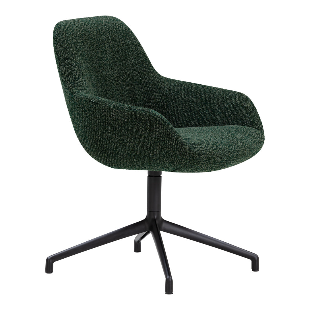Green textured chair with a curved design and black metal base, perfect for modern interiors.