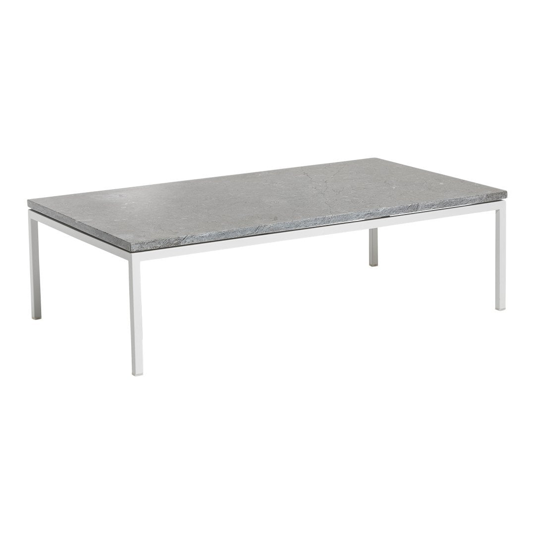 Gray marble tabletop with subtle veining, supported by sleek silver metal legs. Modern and minimalist design.