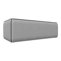 Gray fabric bench with subtle texture and dark brown piping detailing. Ideal for modern decor.