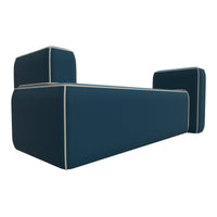 Navy blue sofa with white piping, featuring a modern, minimalist design. Perfect for contemporary living spaces.