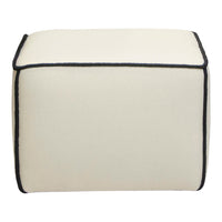 Cream-colored pouf with a contrasting black border, featuring a sleek and modern design.
