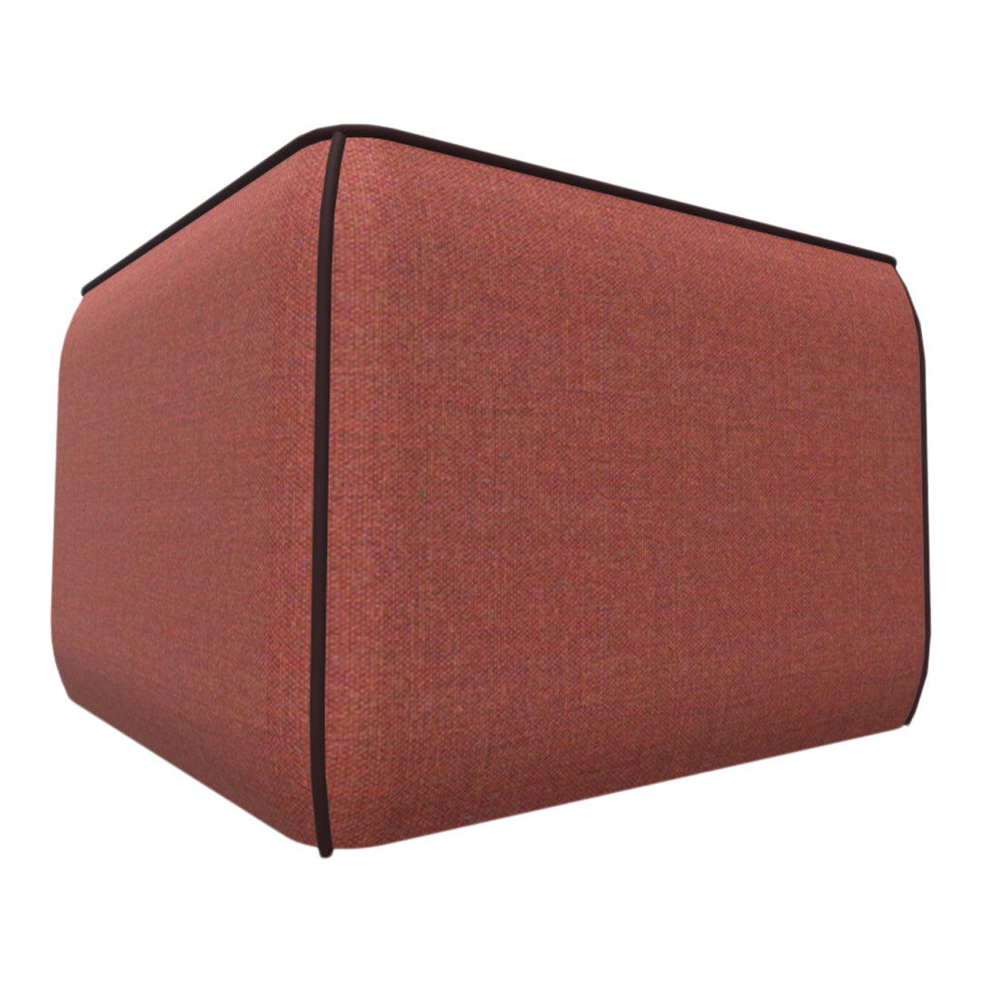 Textured rust-orange fabric cube with dark trim, ideal for stylish home decor or storage solutions.