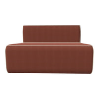 Cozy brown sofa with a smooth texture and contrasting white piping detail, perfect for any modern living space.