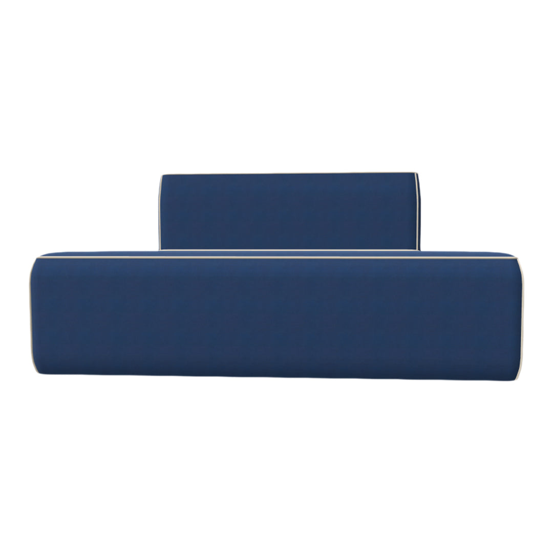 Navy blue upholstered headboard with clean lines and white piping detail for a modern aesthetic.
