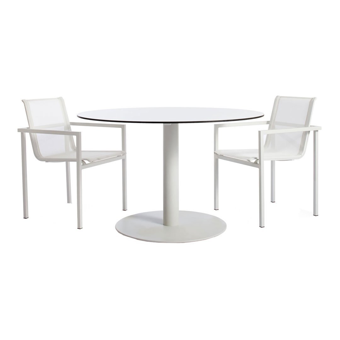 White round table with a sleek pedestal base, accompanied by two matching white mesh chairs. Modern minimalist design.