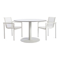 White round table with a sleek pedestal base, accompanied by two matching white mesh chairs. Modern minimalist design.