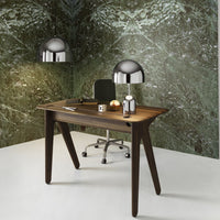 Sleek dark wood desk with a smooth surface, complemented by metallic accents and an abstract green patterned wall.