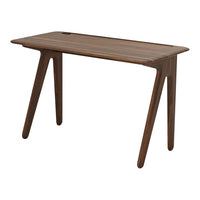 Dark wood desk featuring a sleek, minimalist design with tapered legs and natural grain patterns. Perfect for any space.