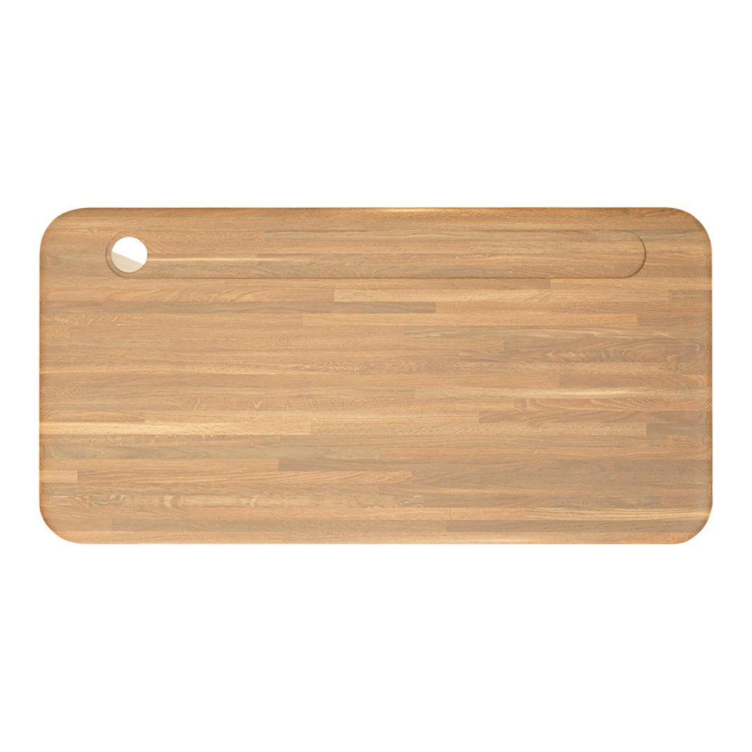 Natural bamboo cutting board with a smooth, light wood grain pattern and a rounded corner for easy handling.