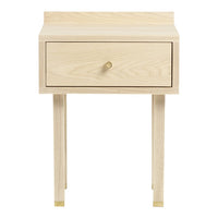 Light natural wood nightstand with a smooth finish, featuring a simple design and golden accents on the legs.