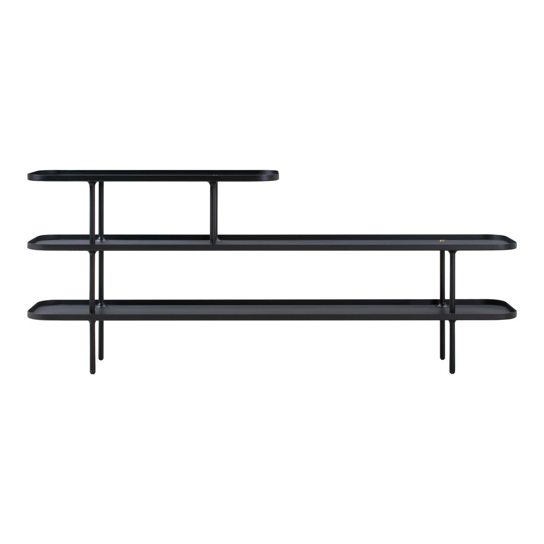 Sleek black metal shelving unit with three tiers, featuring smooth surfaces and a modern, minimalist design.