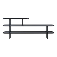 Sleek black metal shelving unit with three tiers, featuring smooth surfaces and a modern, minimalist design.
