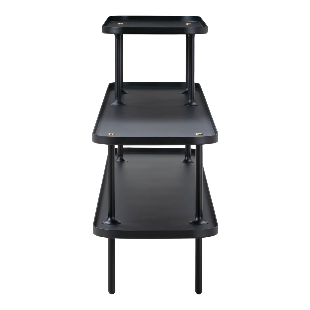 Black three-tier shelf with a sleek, minimalist design and sturdy metal legs. Ideal for modern decor.