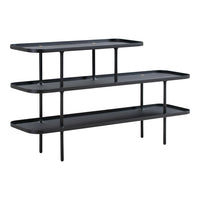 Three-tier black metal shelving unit featuring a sleek, minimalist design with a matte finish and gold accents.