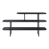 Black metal shelving unit with three tiers, featuring a sleek, minimalist design and clean lines.