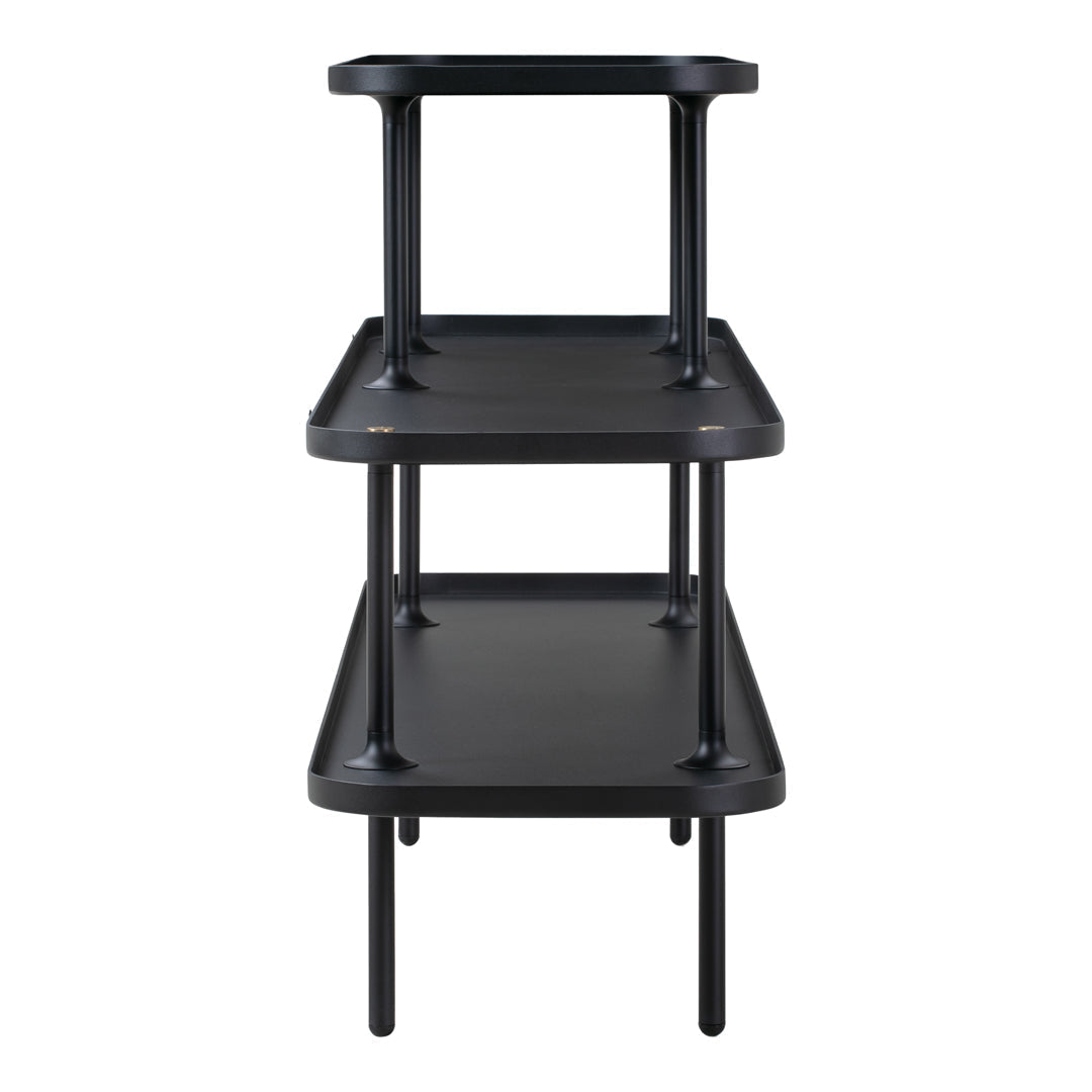 Black three-tier shelving unit with sleek, minimalist design and smooth, matte finish. Perfect for modern decor.
