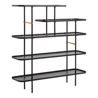 Black metal shelving unit with sleek lines and gold accents, featuring a minimalist design and open pattern.