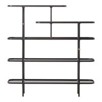 Black shelving unit with sleek lines and minimalistic design featuring gold accents for a modern touch.