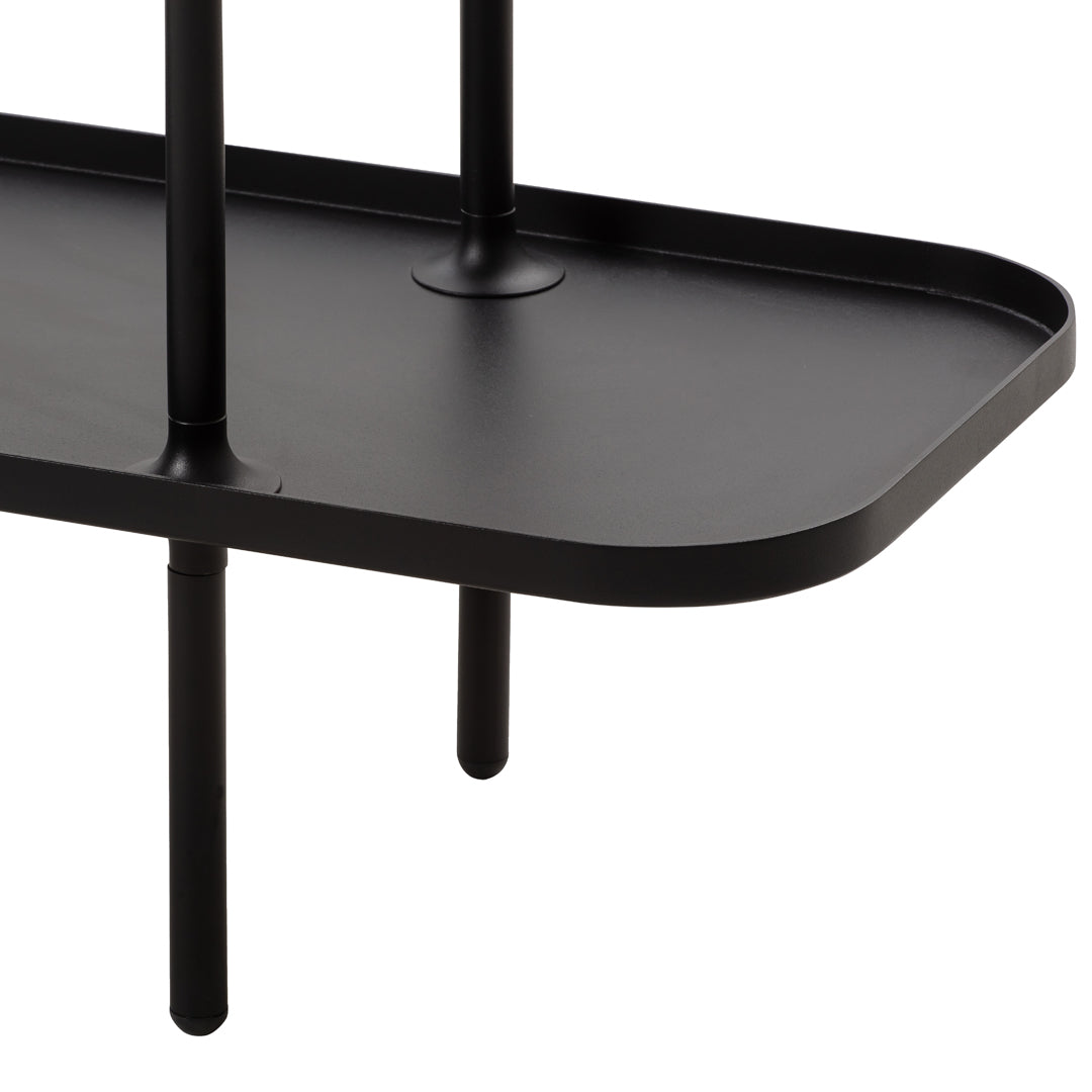 Black oval shelf with smooth matte finish and sleek metal supports, perfect for modern decor.