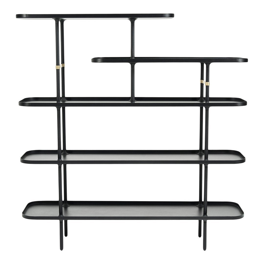 Black and gold geometric shelving unit with sleek lines and minimalistic design. Ideal for modern spaces.