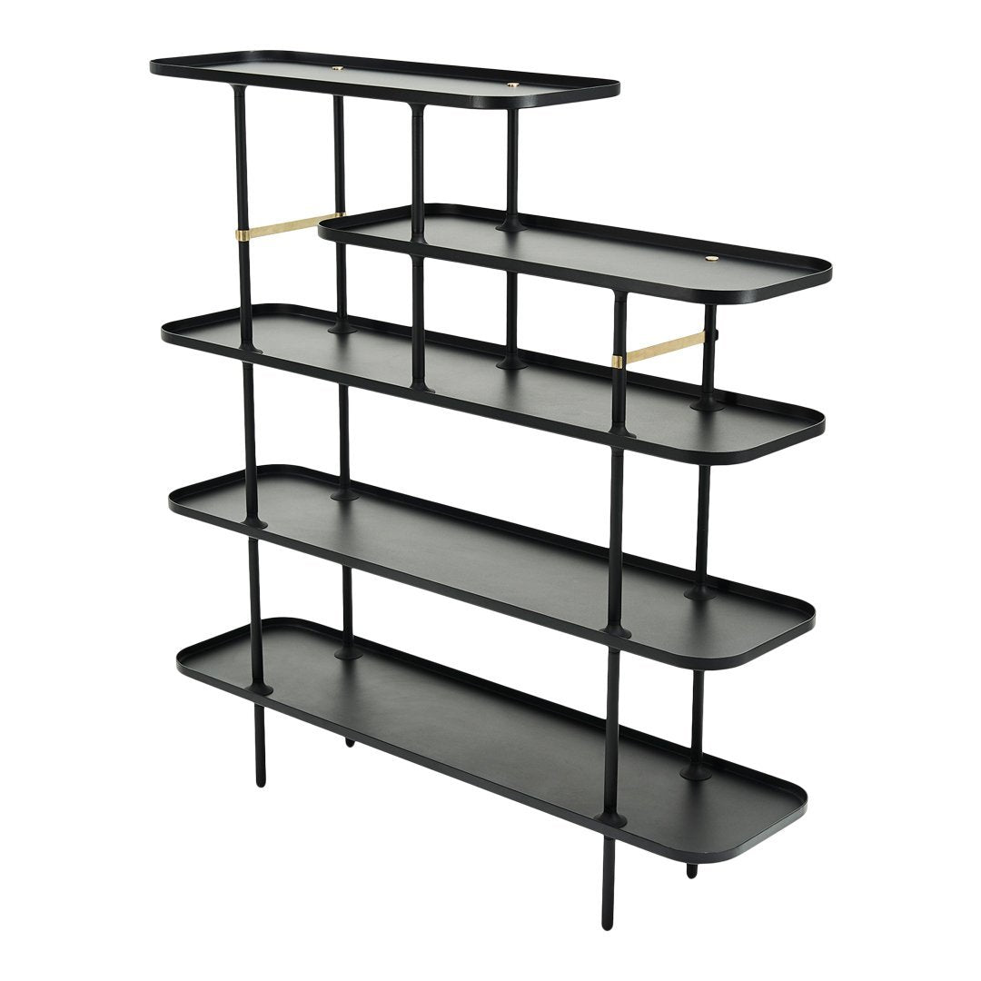 Black metal shelving unit with sleek lines and gold accents, featuring five open shelves for elegant display.