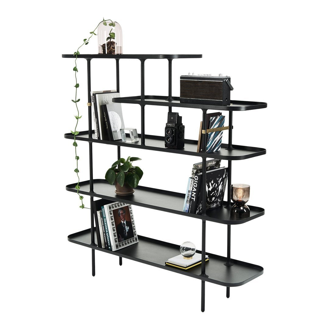 Modern black shelving unit with minimalist design and open shelves, showcasing a sleek, contemporary aesthetic.