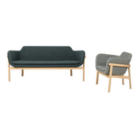 Dark green and light gray upholstery with a modern design, complemented by natural wood frames.