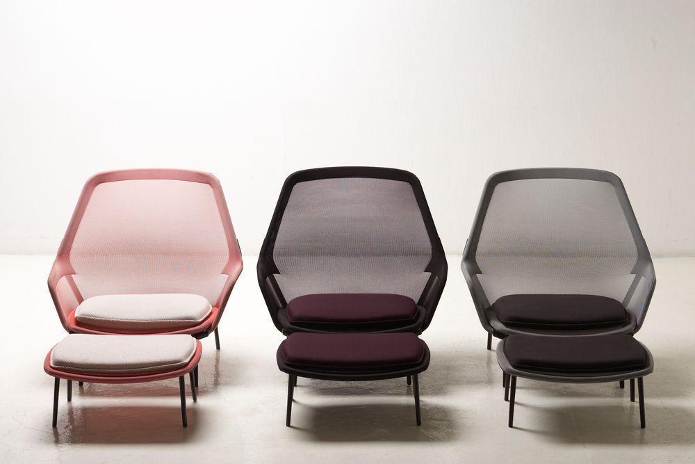 Stylish mesh chairs in soft pink, rich purple, and sleek gray, featuring contrast cushions for a modern look.