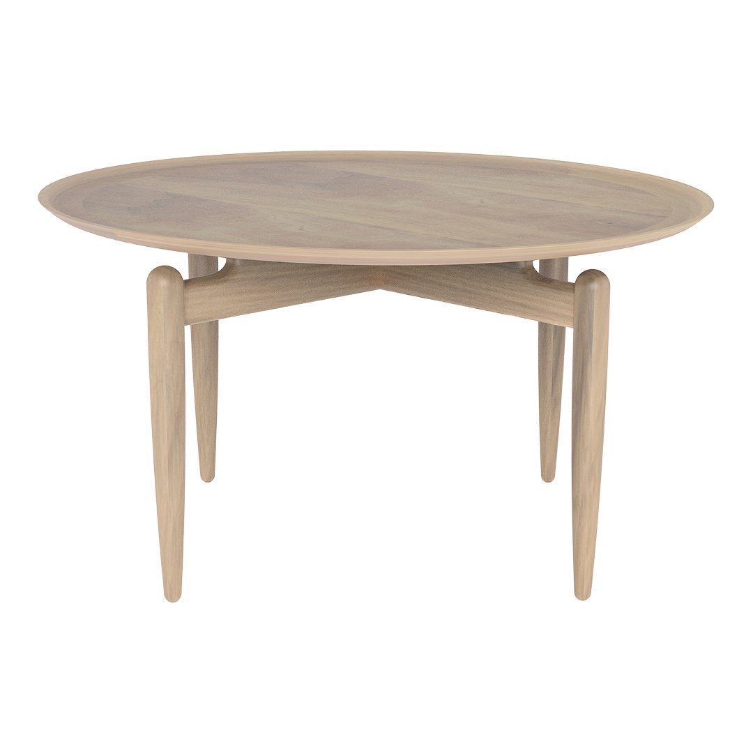 Round wooden coffee table with a natural finish and smooth surface, featuring simple, tapered legs and a minimalist design.