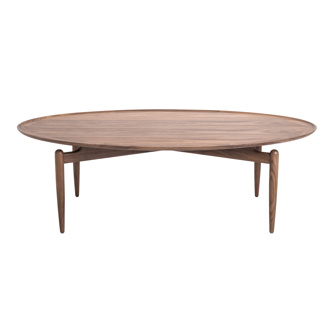Round wooden coffee table with a smooth, natural finish and tapered legs, showcasing warm brown tones and simple elegance.
