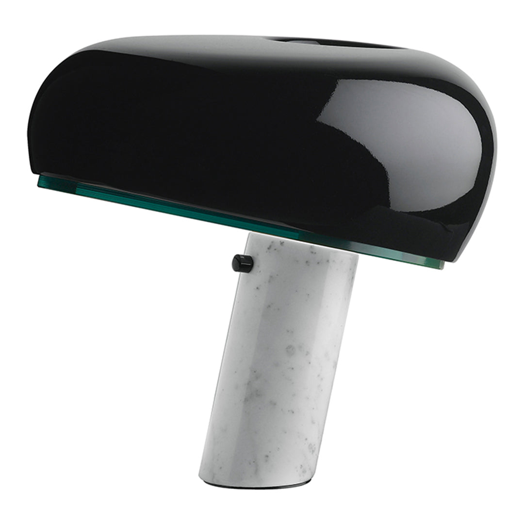 Glossy black lamp with a smooth marble base, featuring a sleek, minimalist design and glass accent.