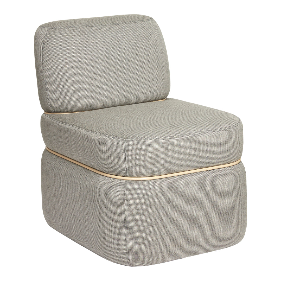 Gray upholstered chair with a textured fabric pattern and contrasting light trim.