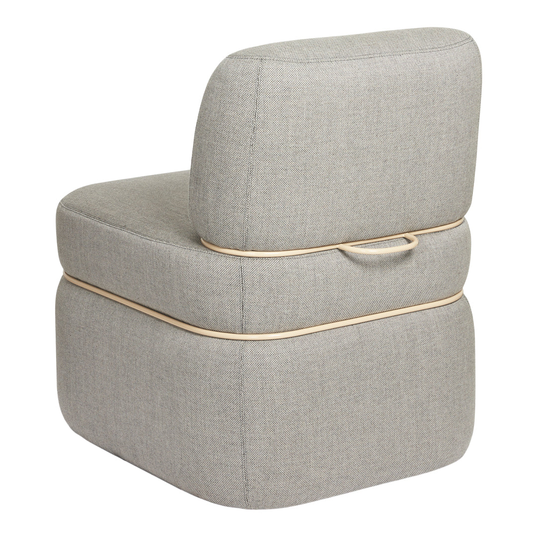 Gray upholstered chair with a textured pattern and natural binding detail. Stylish and modern home decor accent.