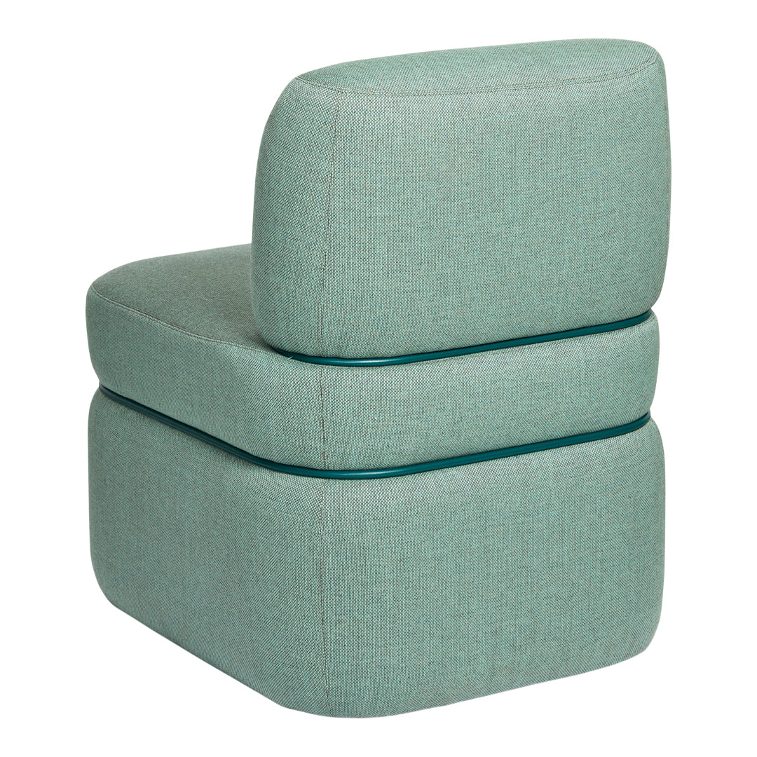 Turquoise upholstered chair with a textured pattern, featuring contrasting teal piping for added visual interest.