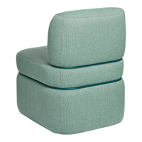 Turquoise upholstered chair with a textured pattern, featuring contrasting teal piping for added visual interest.