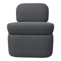 Gray upholstered chair featuring a soft, textured fabric and modern minimalist design. Ideal for contemporary spaces.