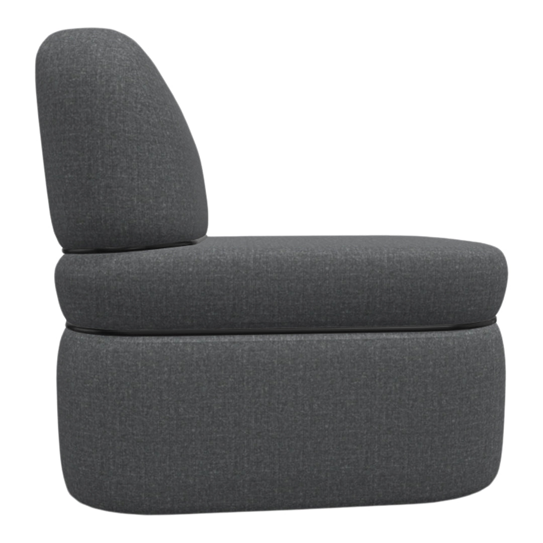 Gray upholstered chair with a textured fabric finish, featuring a sleek and modern design.