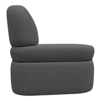 Gray upholstered chair with a textured fabric finish, featuring a sleek and modern design.