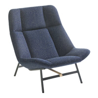 Mid-century modern lounge chair in dark blue fabric with subtle speckled pattern and minimalist black metal legs.